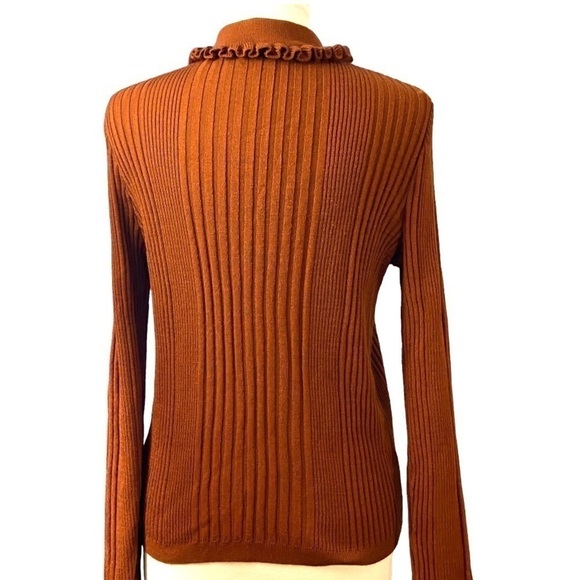 ASOS Fall Rust Orange Pumpkin Ruffle Mock Neck Sweater Stretch Ribbed FALL Cozy - Picture 3 of 9